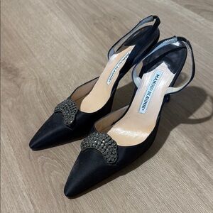Manolo Blahnik Black Satin Heels with Embellished Detail